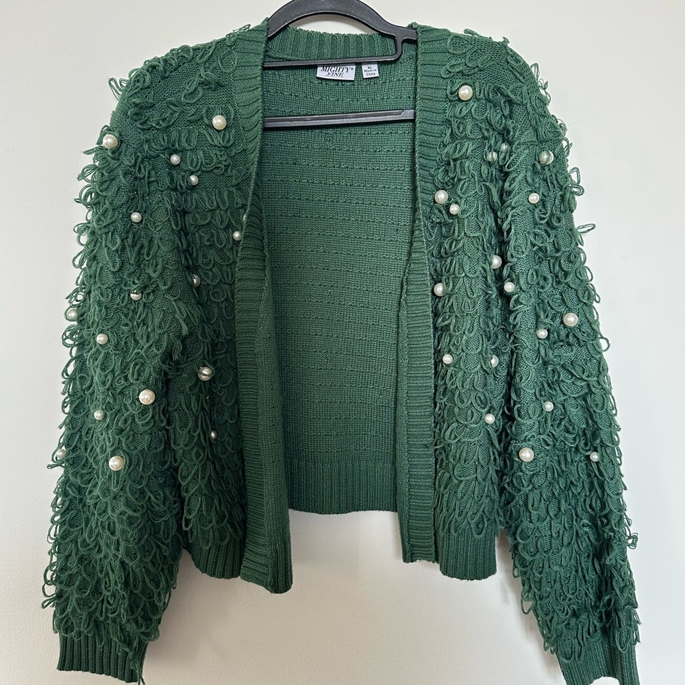 Mighty Fine Green Loop Cardigan with Pearl Details